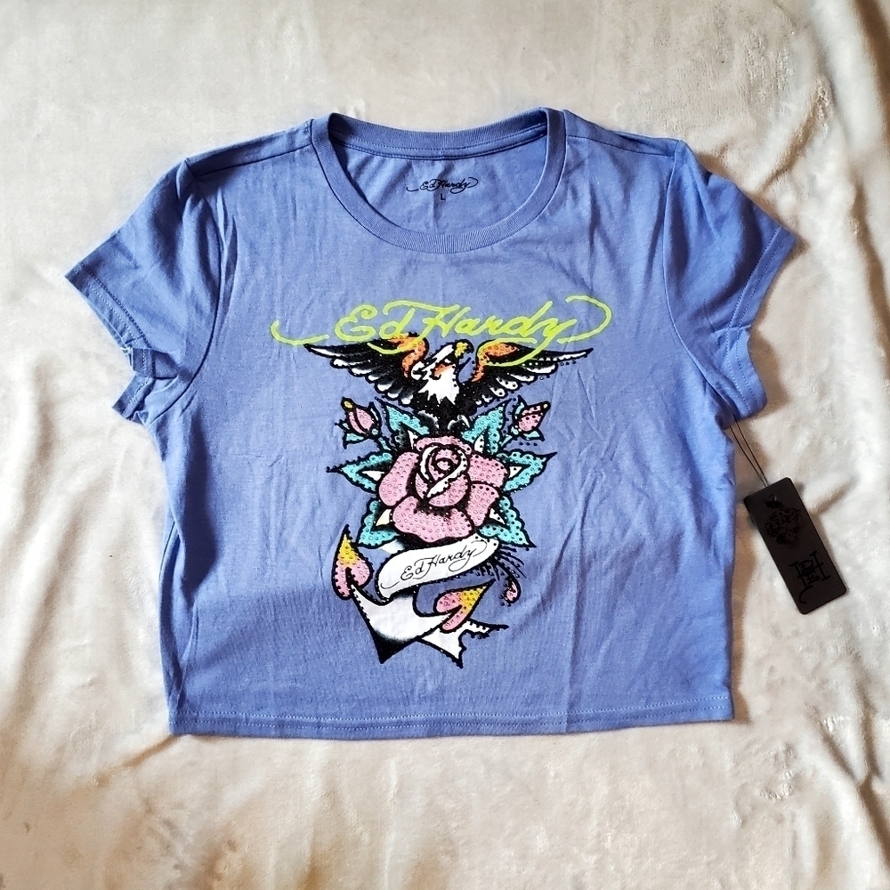 Ed Hardy Blue Rhinestone Crop Top Size Large NWT